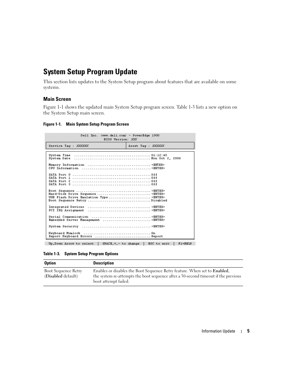 System setup program update, Main screen | Dell PowerEdge 1900 User Manual | Page 5 / 60