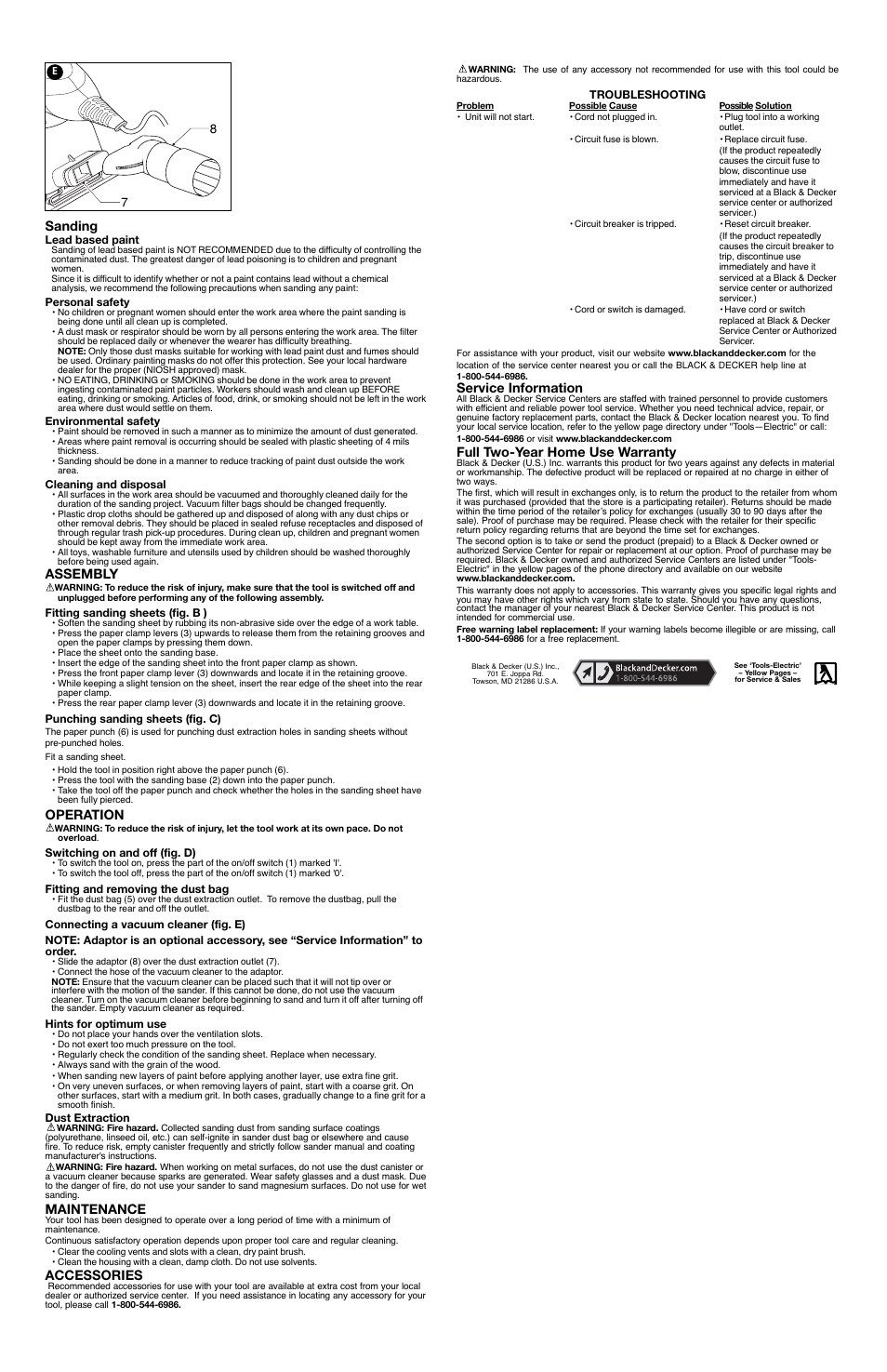 Service information, Full two-year home use warranty, Sanding | Assembly, Operation, Maintenance, Accessories | Black & Decker QS780 User Manual | Page 2 / 6