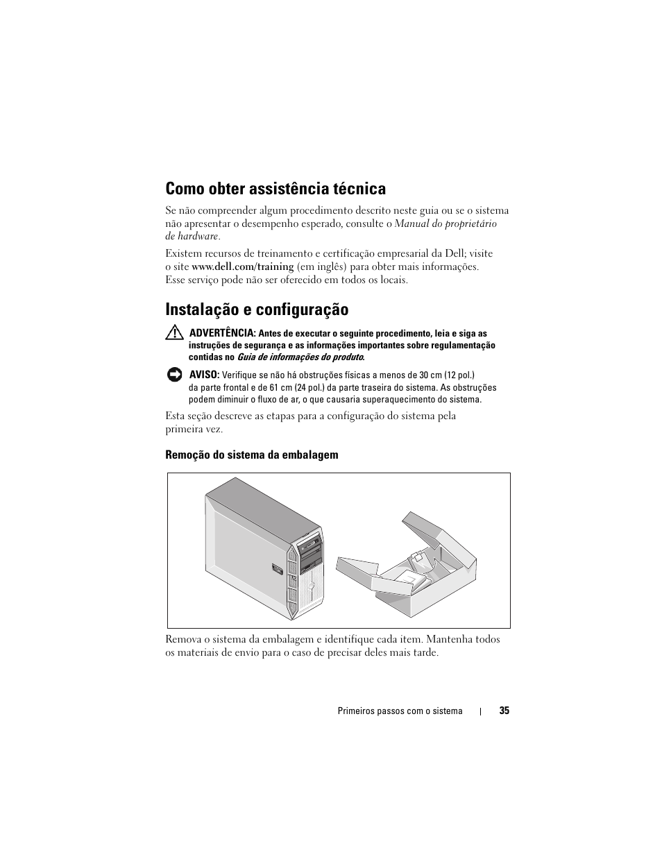 Como obter assistência técnica, Instalação e configuração, Remoção do sistema da embalagem | Dell PowerEdge T605 User Manual | Page 37 / 58