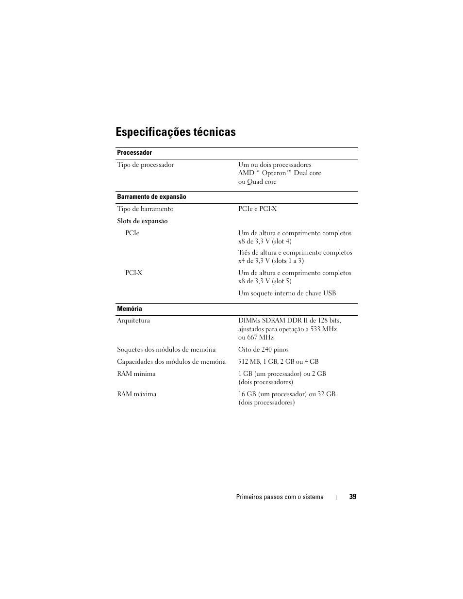 Especificações técnicas | Dell PowerEdge T605 User Manual | Page 41 / 58