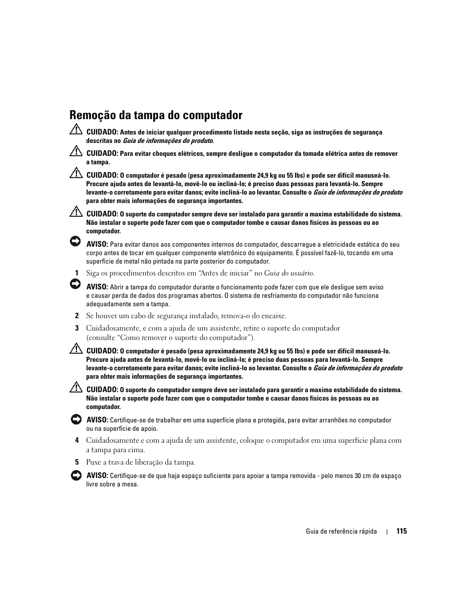 Remoção da tampa do computador | Dell Precision 690 User Manual | Page 115 / 184