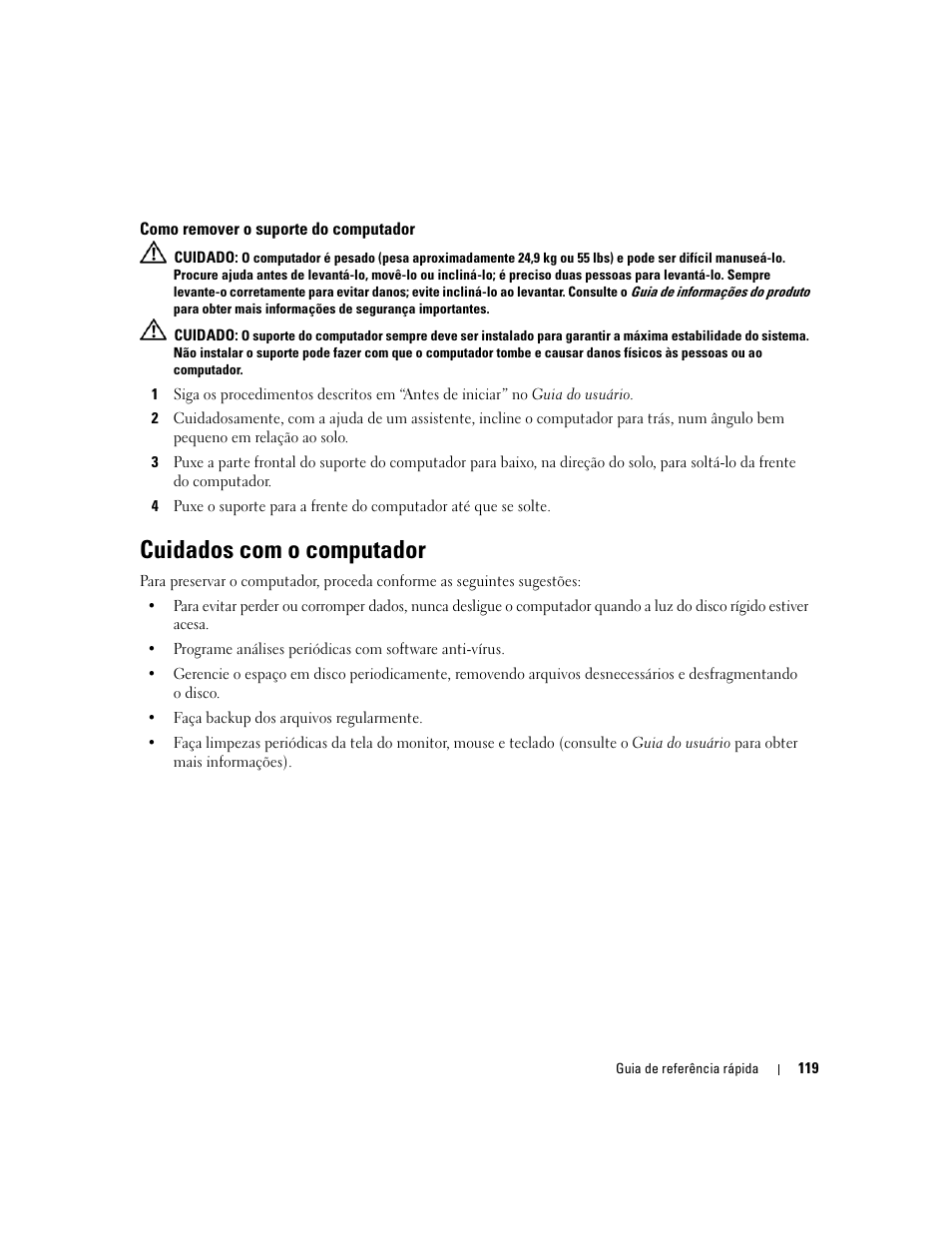 Como remover o suporte do computador, Cuidados com o computador | Dell Precision 690 User Manual | Page 119 / 184