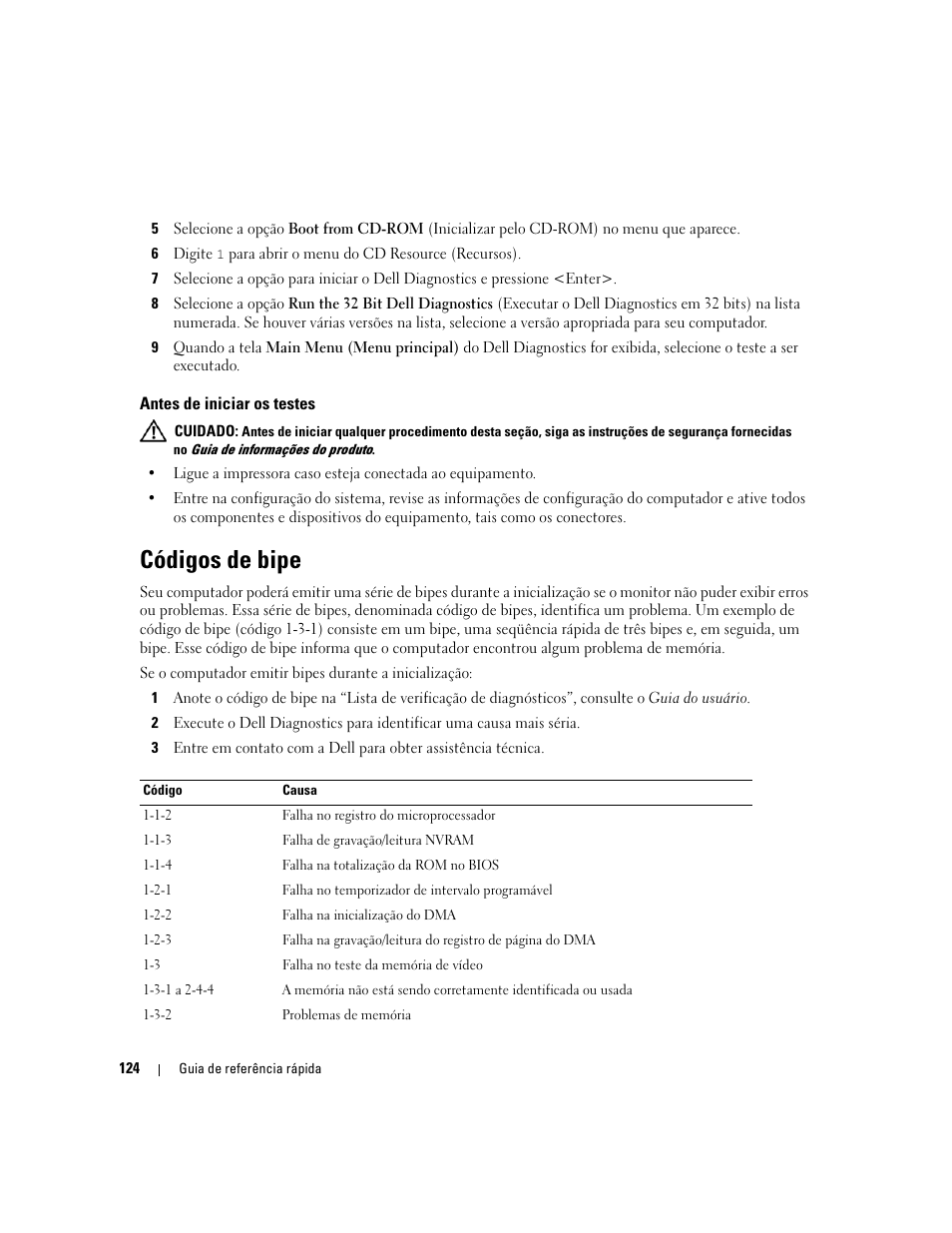 Antes de iniciar os testes, Códigos de bipe | Dell Precision 690 User Manual | Page 124 / 184