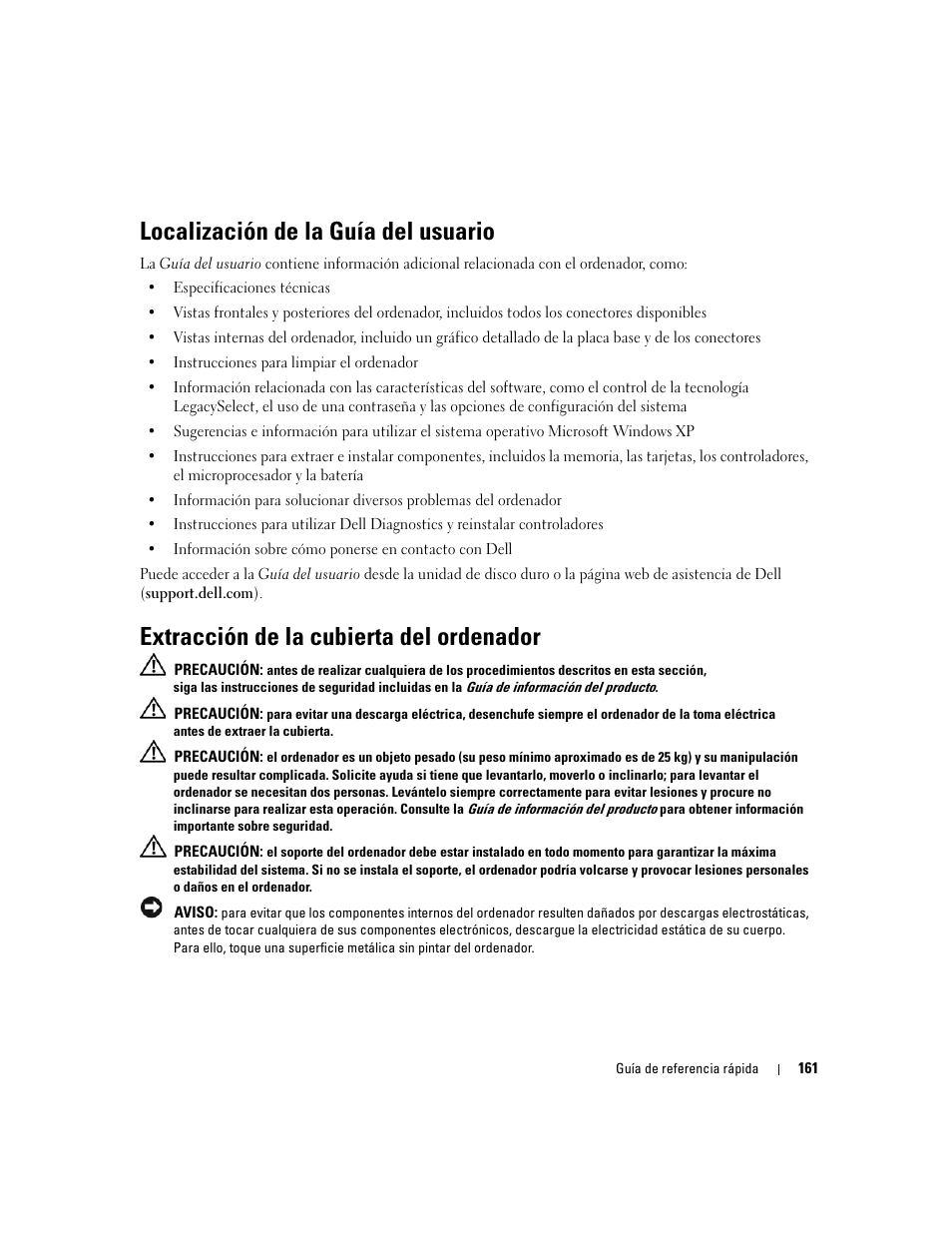 Localización de la guía del usuario, Extracción de la cubierta del ordenador | Dell Precision 690 User Manual | Page 161 / 184