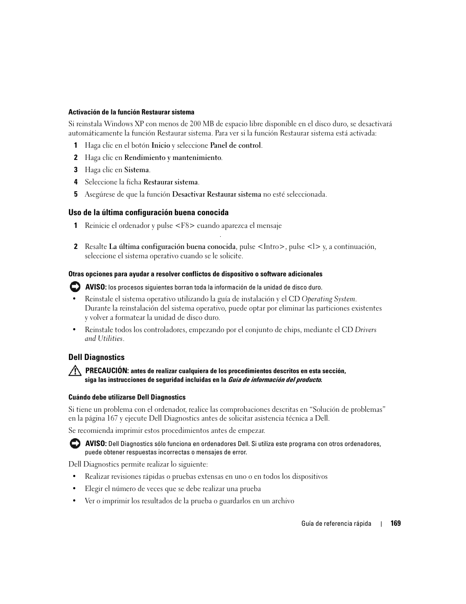 Uso de la última configuración buena conocida, Dell diagnostics | Dell Precision 690 User Manual | Page 169 / 184