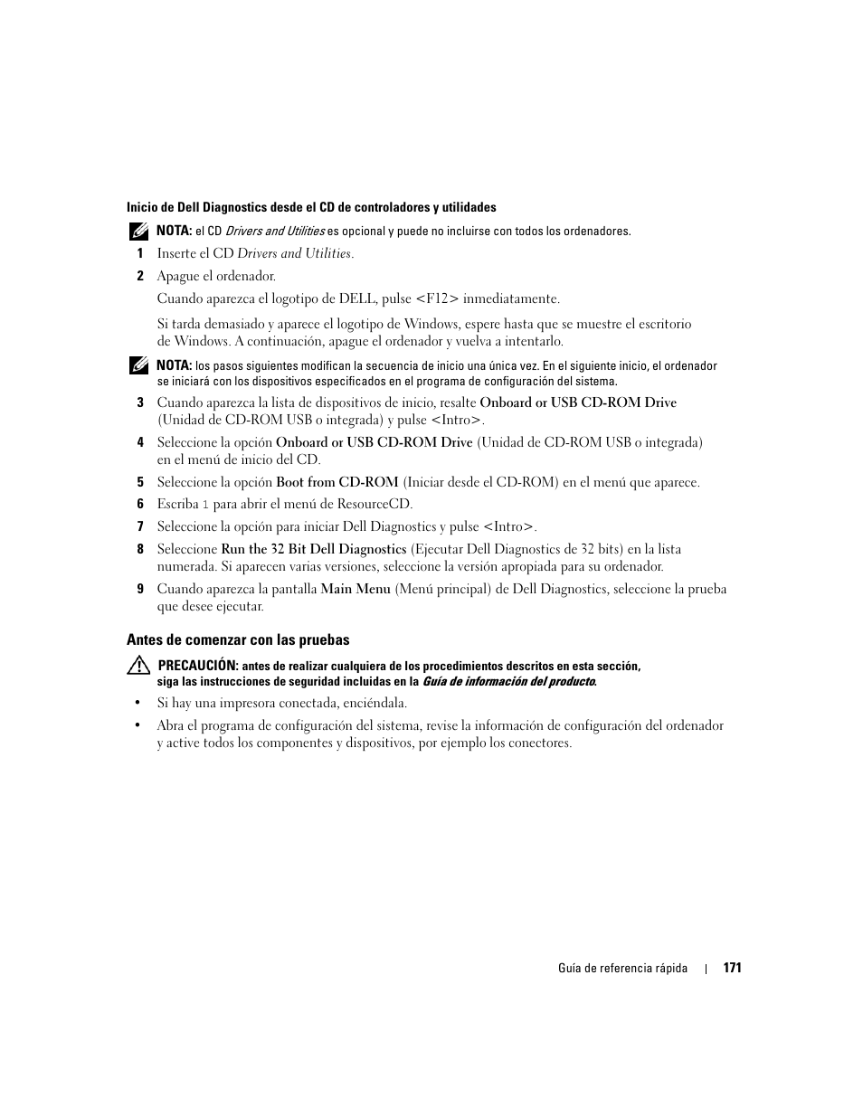 Antes de comenzar con las pruebas | Dell Precision 690 User Manual | Page 171 / 184