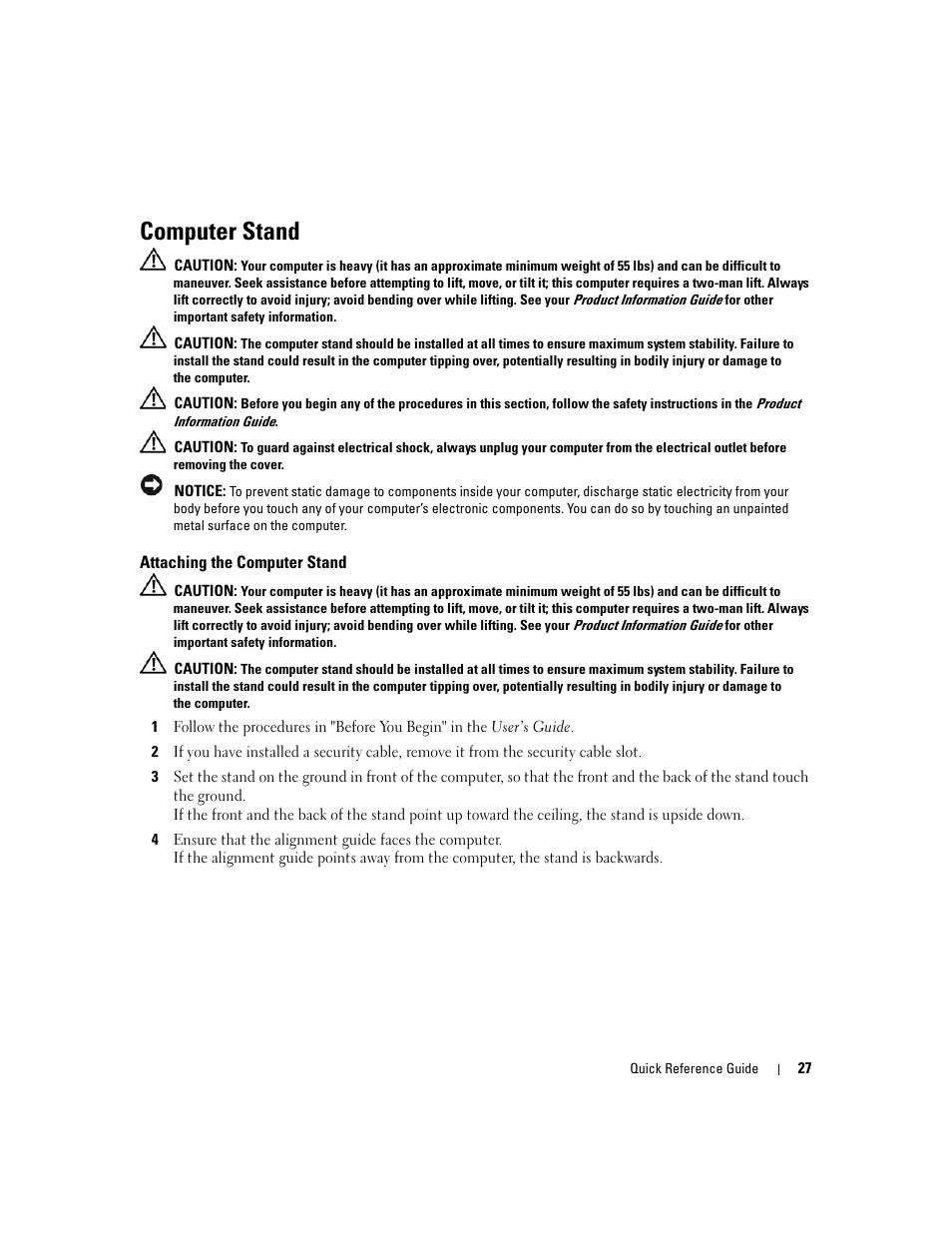 Computer stand, Attaching the computer stand | Dell Precision 690 User Manual | Page 27 / 184