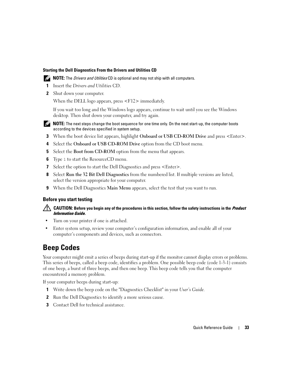 Before you start testing, Beep codes | Dell Precision 690 User Manual | Page 33 / 184