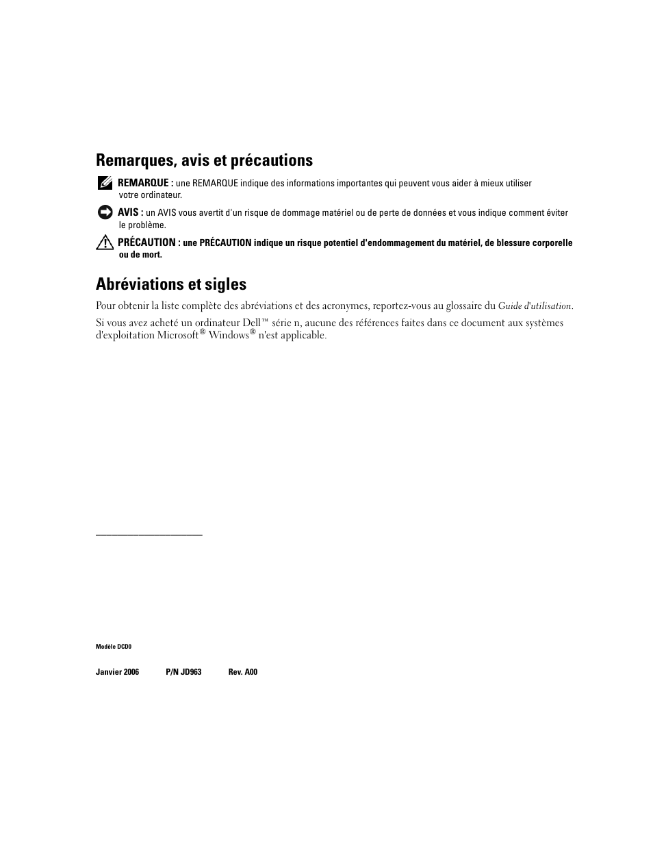 Remarques, avis et précautions, Abréviations et sigles | Dell Precision 690 User Manual | Page 46 / 184
