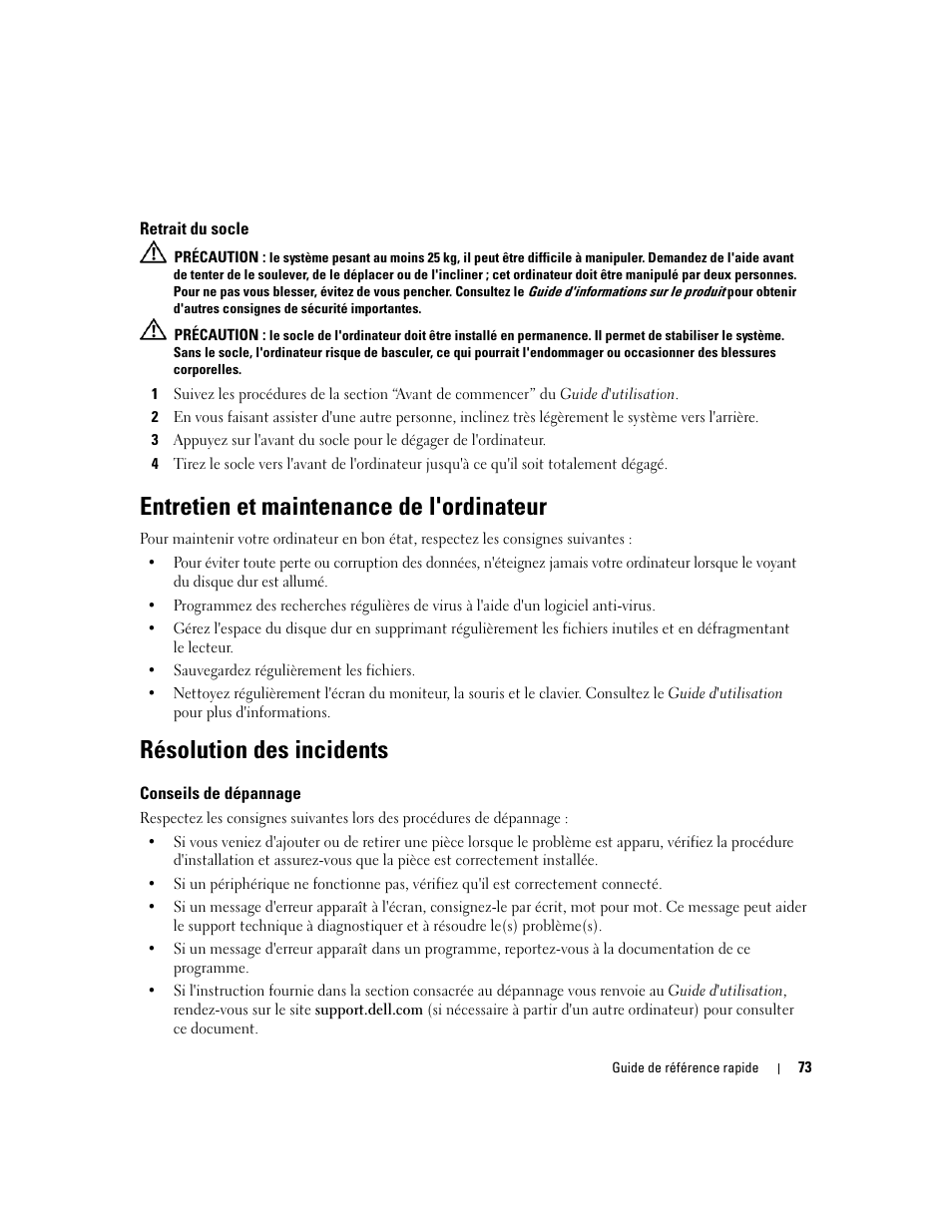 Retrait du socle, Entretien et maintenance de l'ordinateur, Résolution des incidents | Conseils de dépannage | Dell Precision 690 User Manual | Page 73 / 184