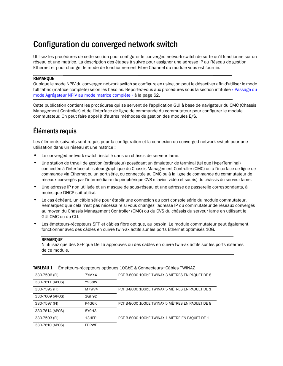 Configuration du converged network switch, Éléments requis | Dell POWEREDGE M1000E User Manual | Page 53 / 202