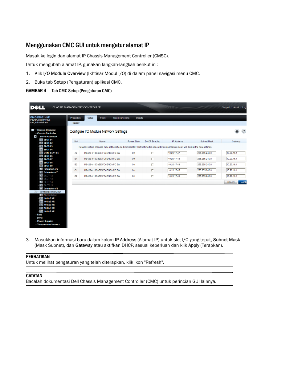 Menggunakan cmc gui untuk mengatur alamat ip | Dell POWEREDGE M1000E User Manual | Page 88 / 202