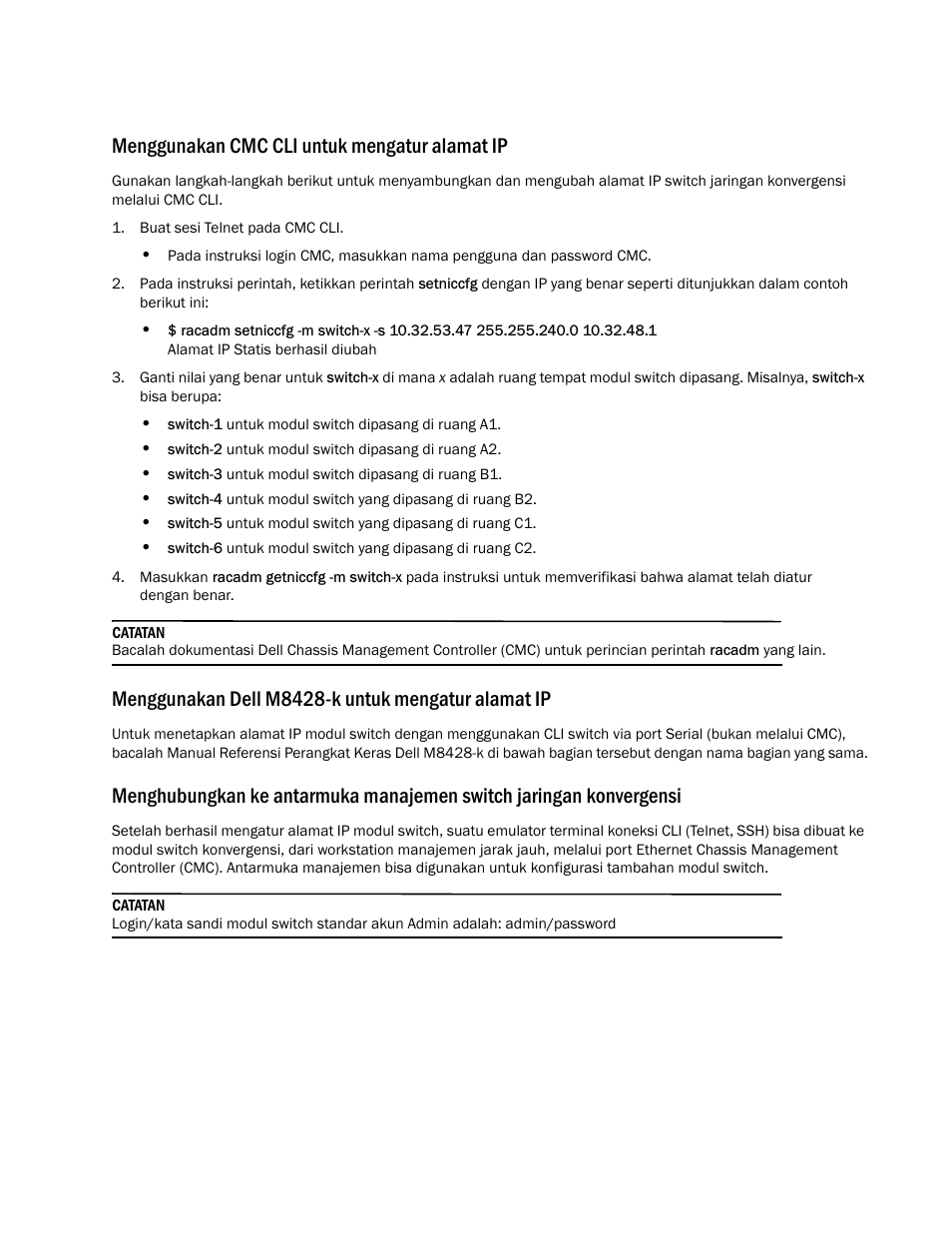 Menggunakan cmc cli untuk mengatur alamat ip, Menggunakan dell m8428-k untuk mengatur alamat ip | Dell POWEREDGE M1000E User Manual | Page 89 / 202