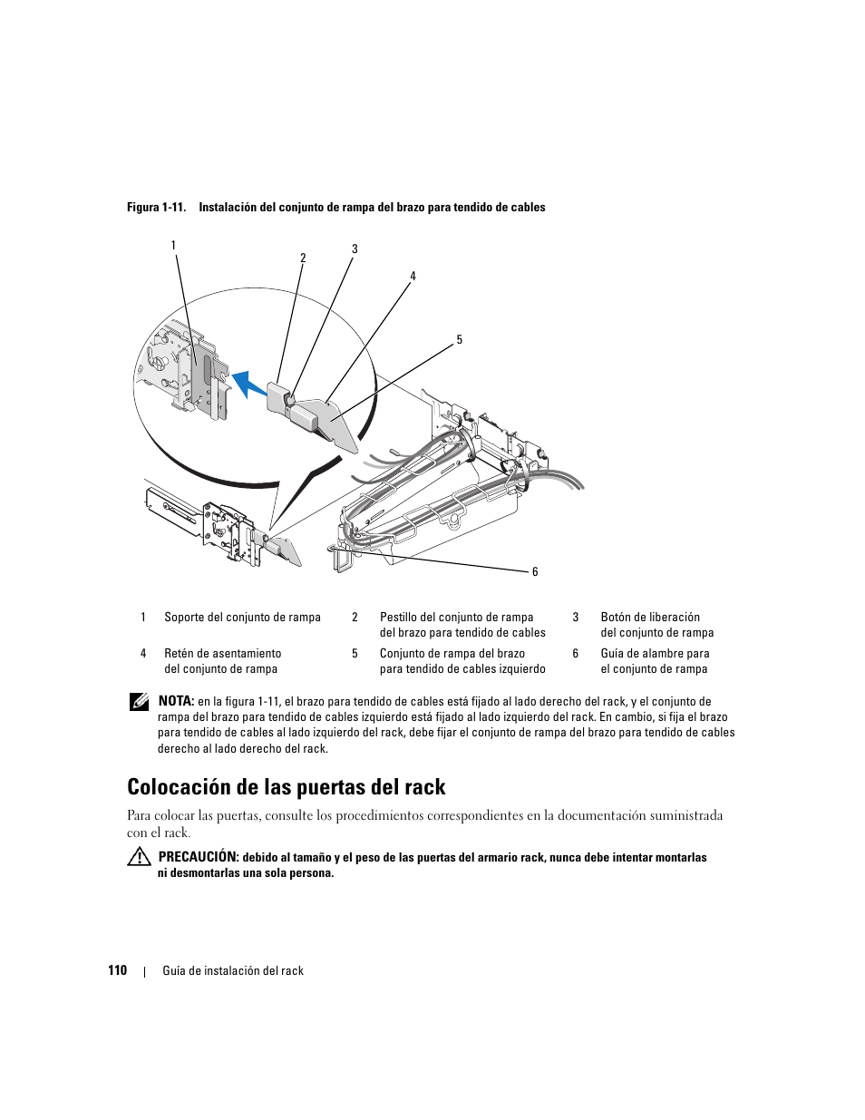 Colocación de las puertas del rack, Figura 1-11), fije el conjunto de rampa | Dell Precision R5400 (Mid 2008) User Manual | Page 112 / 112