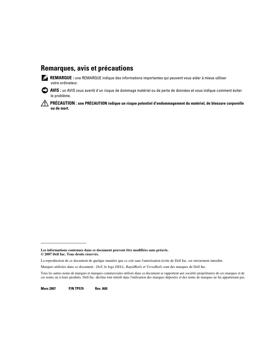 Remarques, avis et précautions | Dell Precision R5400 (Mid 2008) User Manual | Page 26 / 112
