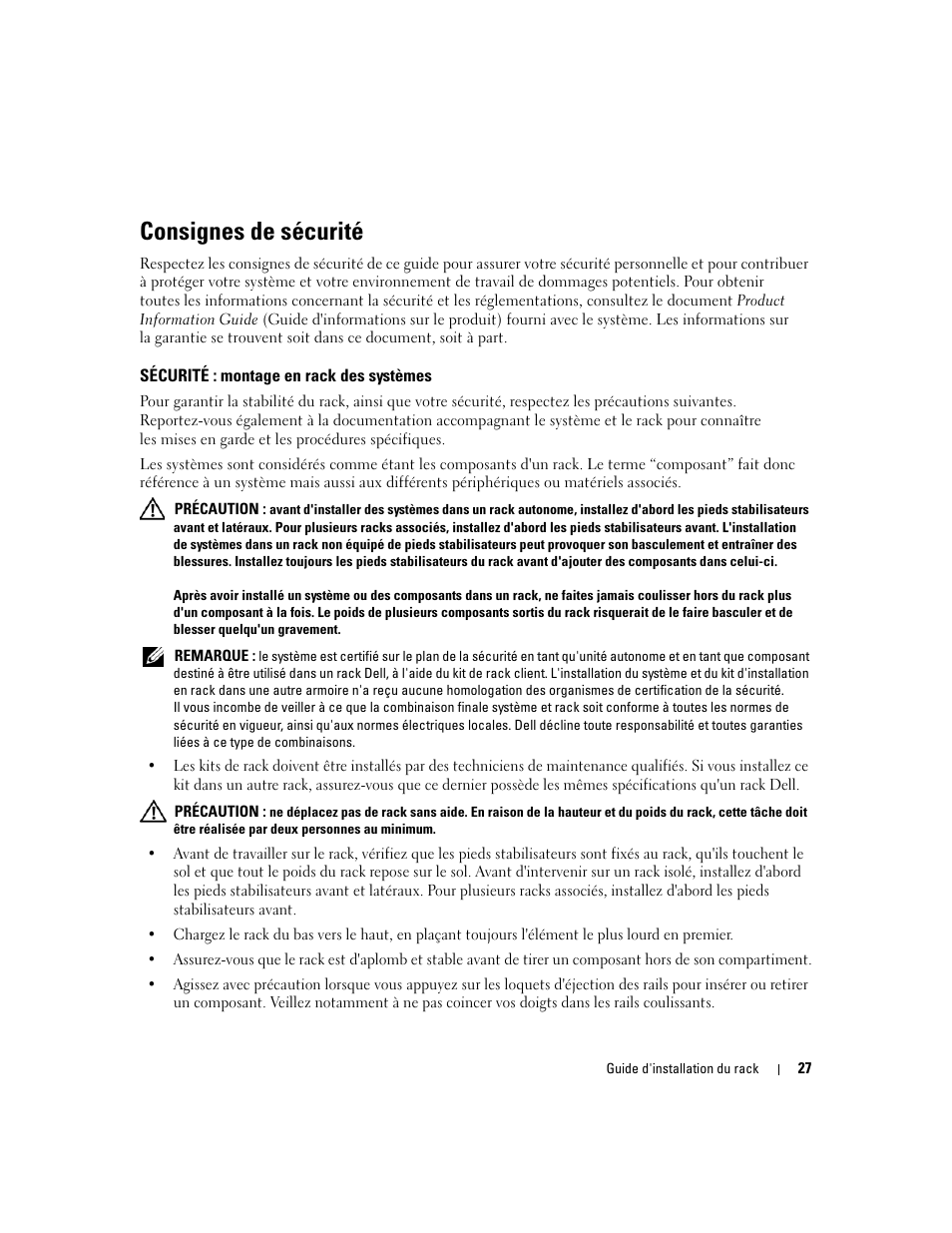 Consignes de sécurité, Sécurité : montage en rack des systèmes | Dell Precision R5400 (Mid 2008) User Manual | Page 29 / 112