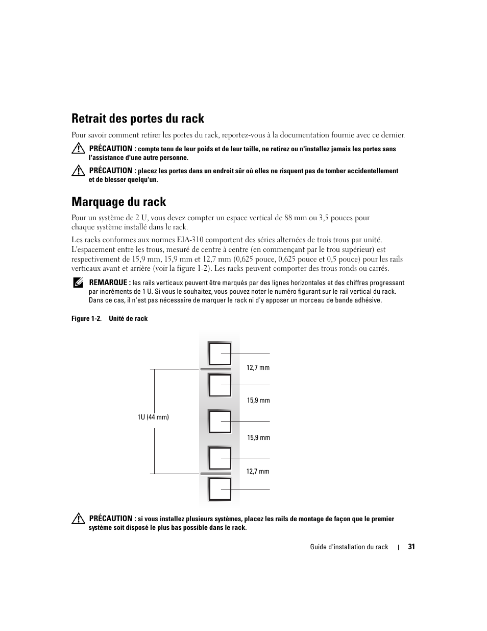 Retrait des portes du rack, Marquage du rack | Dell Precision R5400 (Mid 2008) User Manual | Page 33 / 112