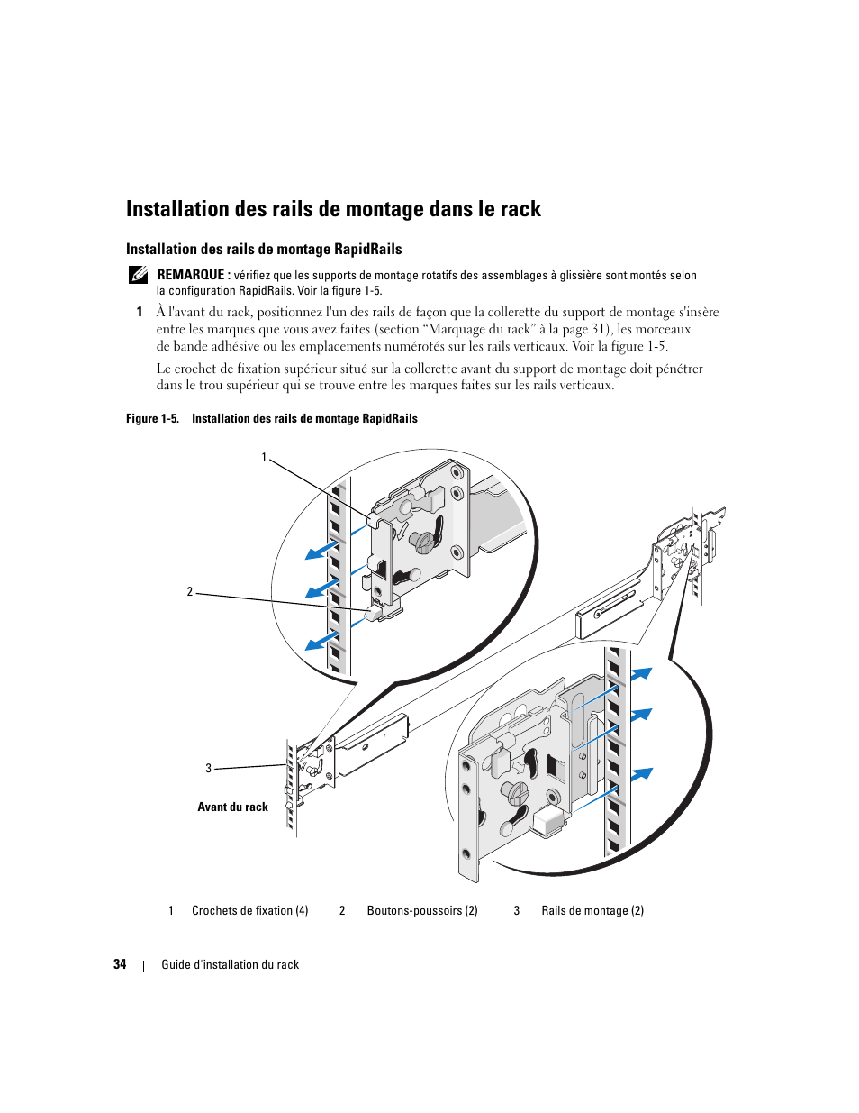 Installation des rails de montage dans le rack, Installation des rails de montage rapidrails | Dell Precision R5400 (Mid 2008) User Manual | Page 36 / 112