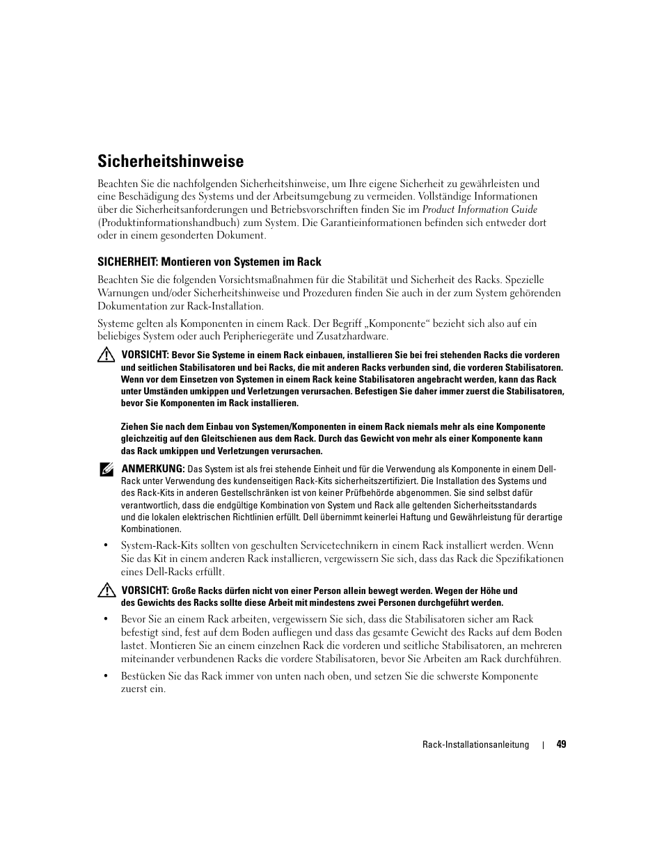 Sicherheitshinweise, Sicherheit: montieren von systemen im rack | Dell Precision R5400 (Mid 2008) User Manual | Page 51 / 112