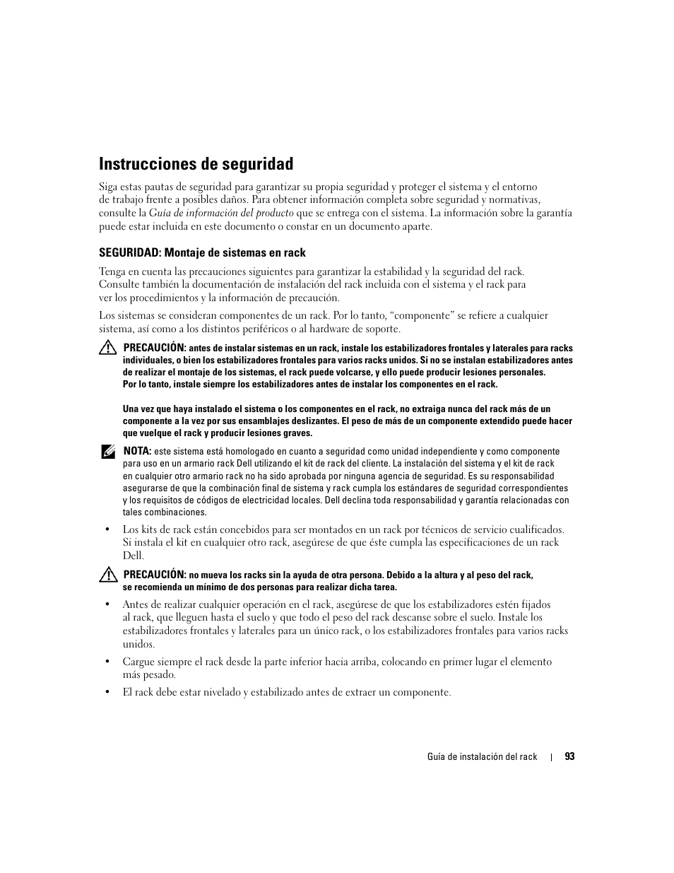 Instrucciones de seguridad, Seguridad: montaje de sistemas en rack | Dell Precision R5400 (Mid 2008) User Manual | Page 95 / 112