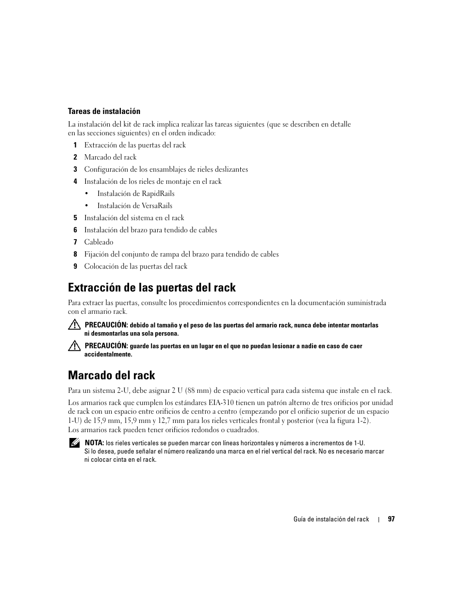 Tareas de instalación, Extracción de las puertas del rack, Marcado del rack | Dell Precision R5400 (Mid 2008) User Manual | Page 99 / 112