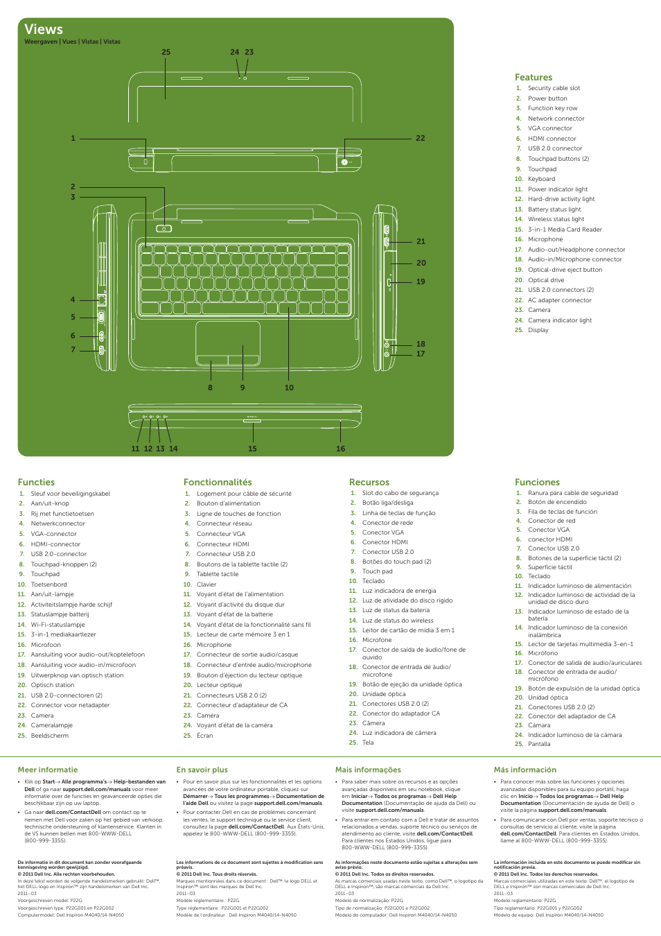 Views, Features, Functies | Recursos, Fonctionnalités, Funciones | Dell Inspiron 14 (M4040, Mid 2011) User Manual | Page 2 / 2