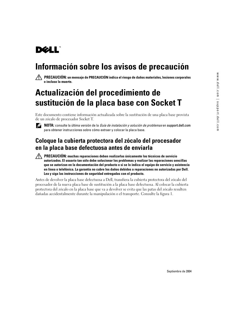 Información sobre los avisos de precaución | Dell PowerEdge SC 420 User Manual | Page 13 / 14