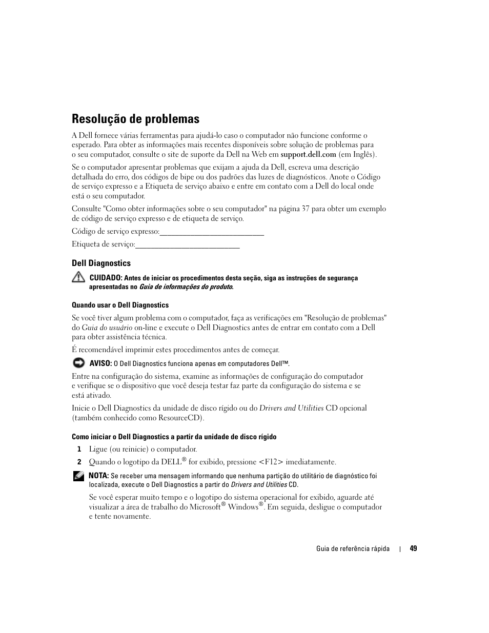 Resolução de problemas, Dell diagnostics | Dell OptiPlex 170L User Manual | Page 49 / 100