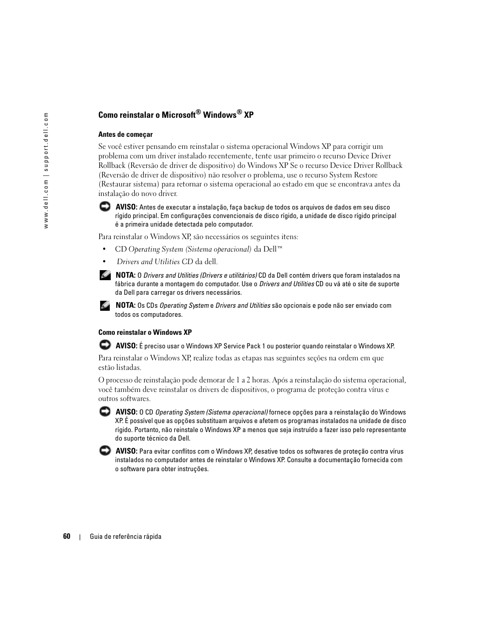 Como reinstalar o microsoft® windows® xp, Como reinstalar o microsoft | Dell OptiPlex 170L User Manual | Page 60 / 100