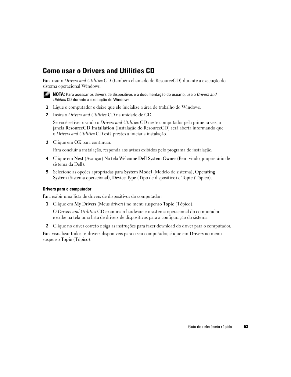 Como usar o drivers and utilities cd | Dell OptiPlex 170L User Manual | Page 63 / 100