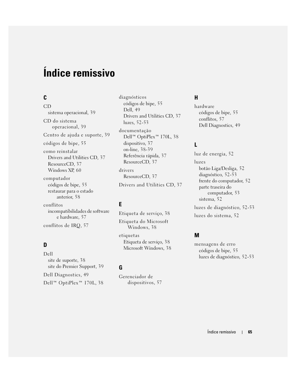 Índice remissivo | Dell OptiPlex 170L User Manual | Page 65 / 100