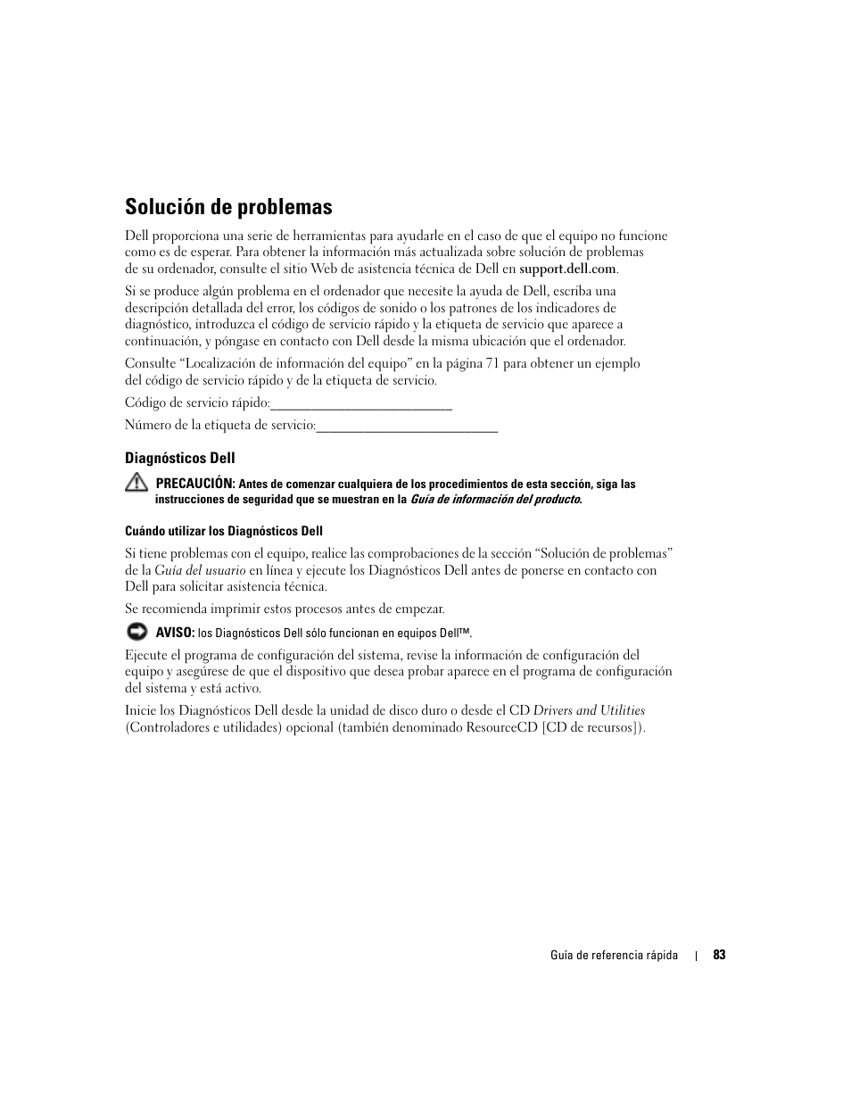 Solución de problemas, Diagnósticos dell | Dell OptiPlex 170L User Manual | Page 83 / 100