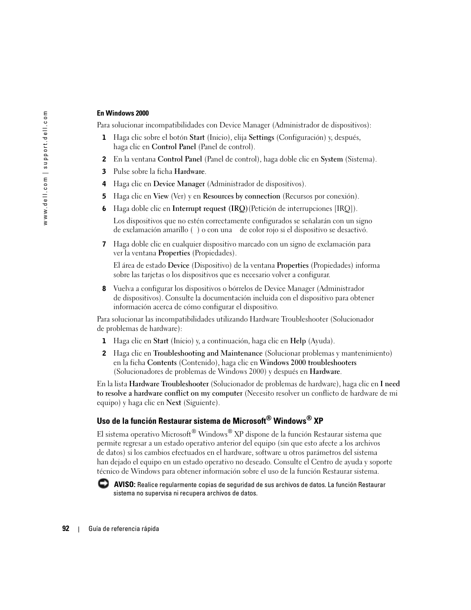 Uso de la función restaurar sistema de microsoft | Dell OptiPlex 170L User Manual | Page 92 / 100