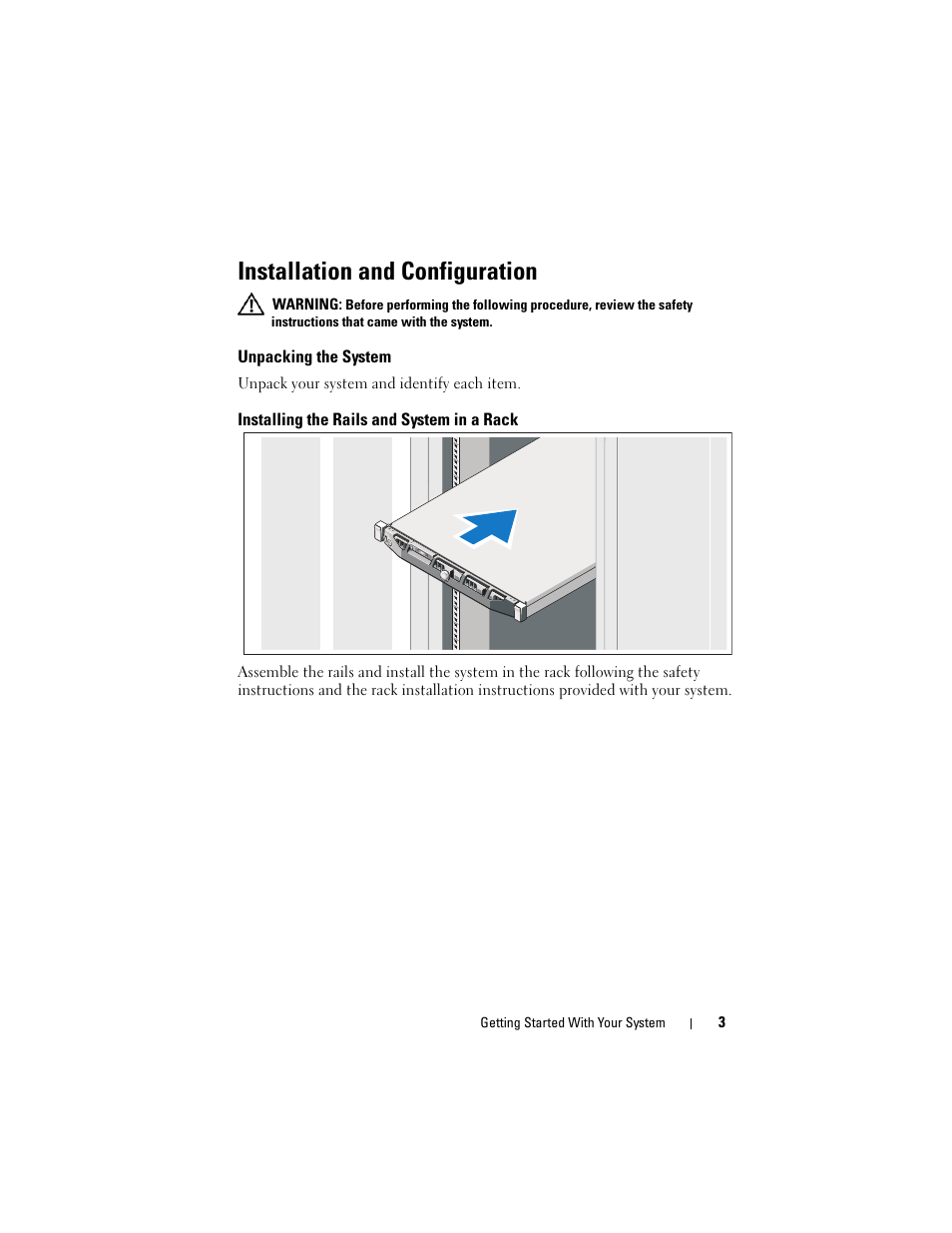 Installation and configuration, Unpacking the system, Installing the rails and system in a rack | Dell PowerEdge R410 User Manual | Page 5 / 50