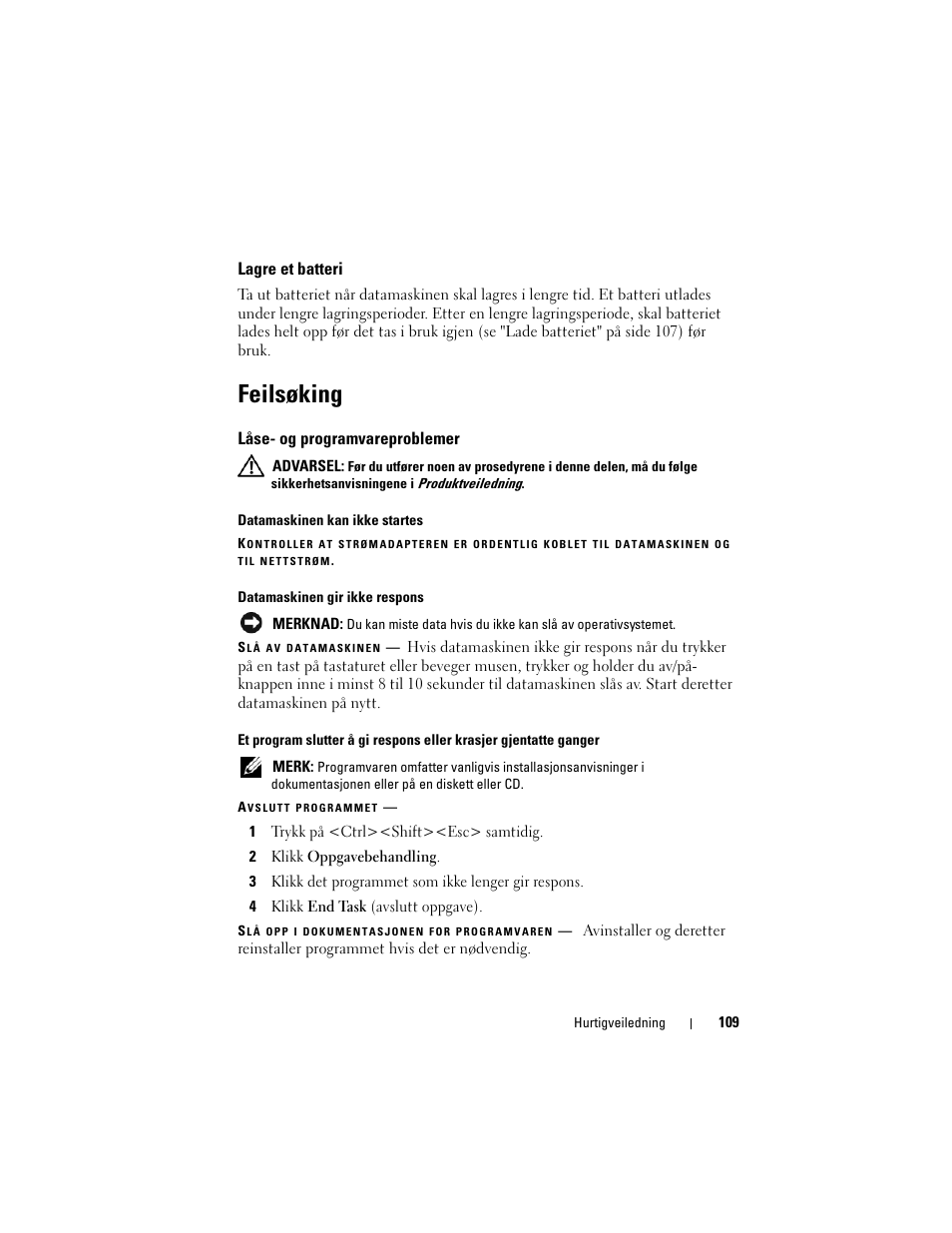 Lagre et batteri, Feilsøking, Låse- og programvareproblemer | Dell Precision M2300 (Late 2007) User Manual | Page 109 / 148