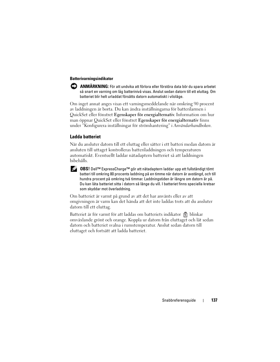 Ladda batteriet | Dell Precision M2300 (Late 2007) User Manual | Page 137 / 148