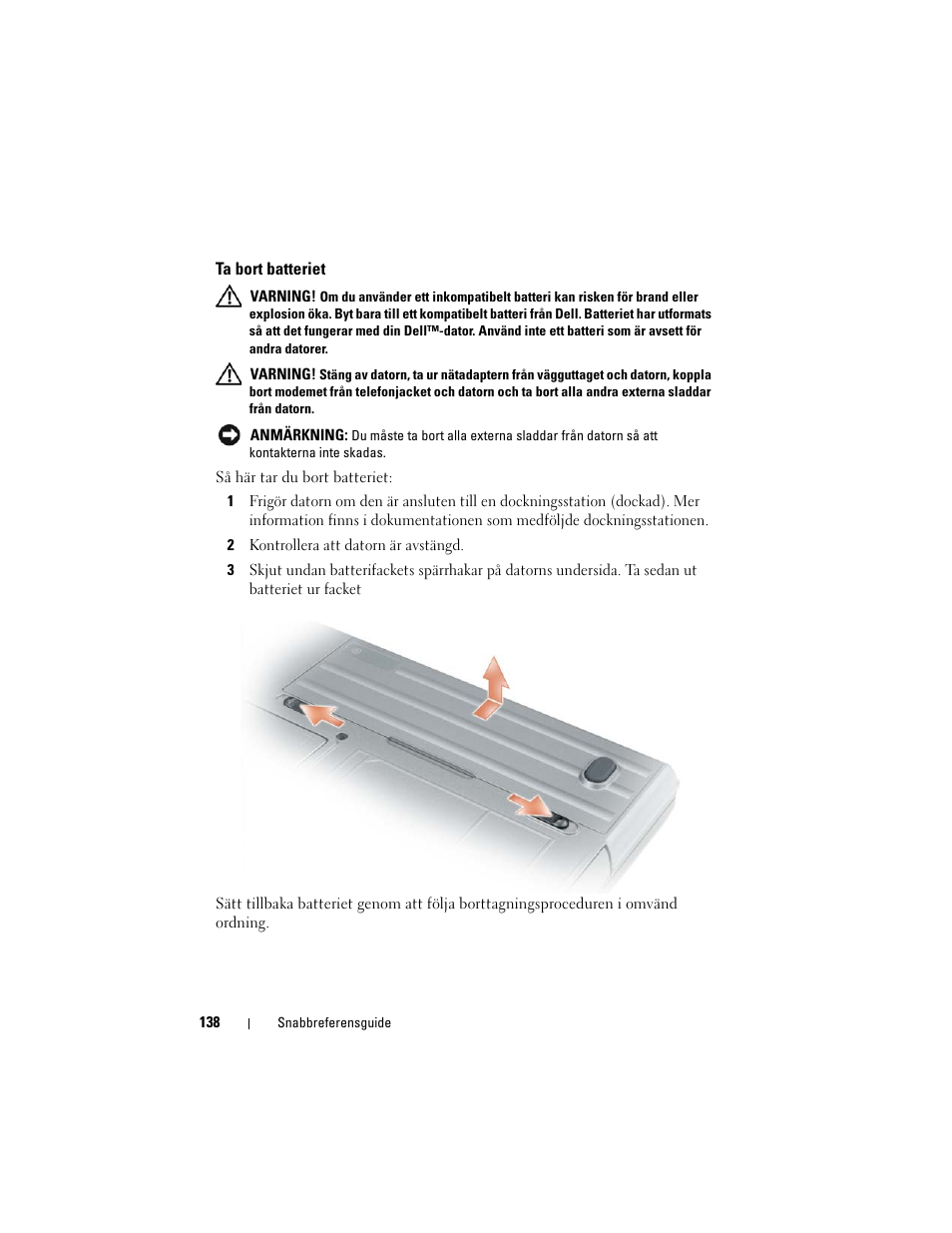 Ta bort batteriet | Dell Precision M2300 (Late 2007) User Manual | Page 138 / 148