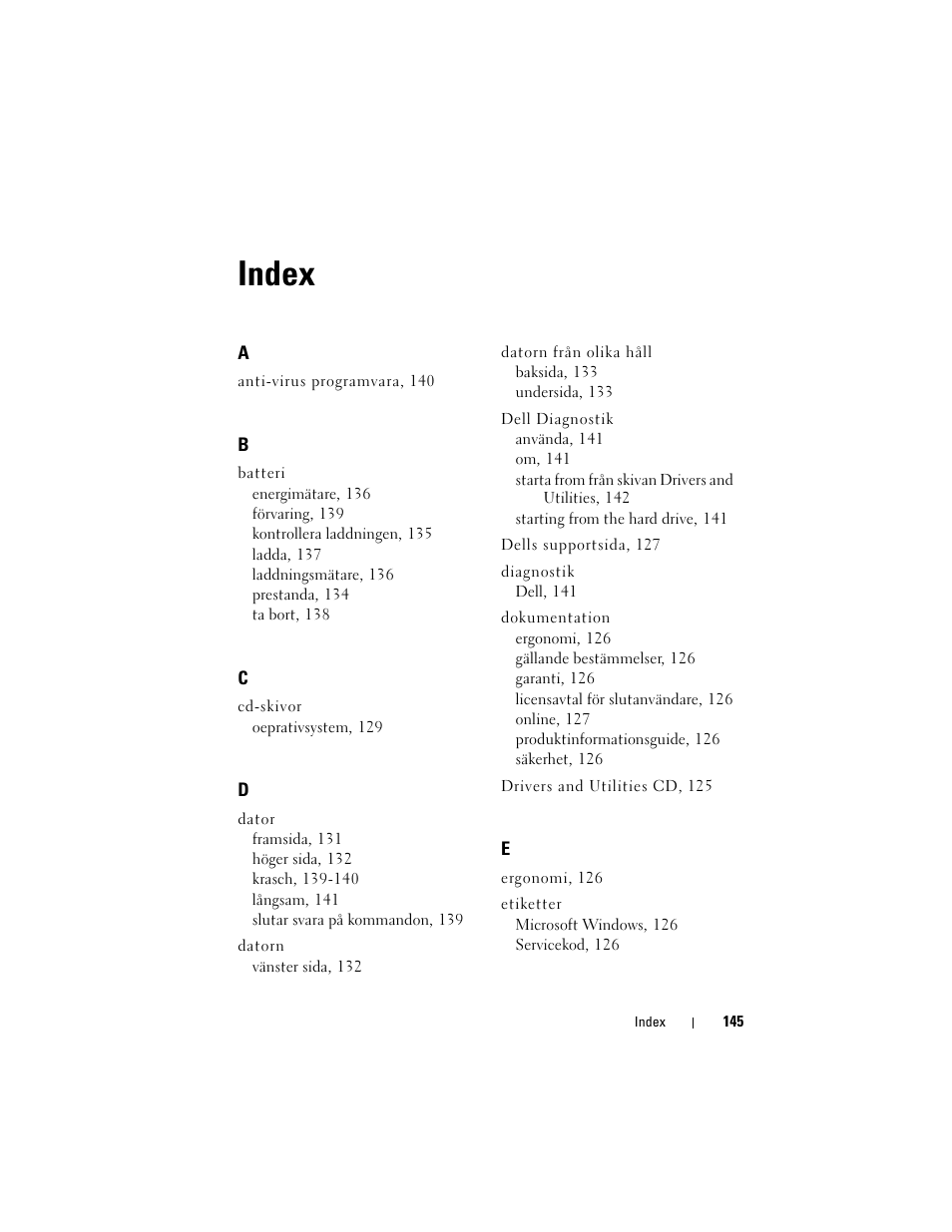 Index | Dell Precision M2300 (Late 2007) User Manual | Page 145 / 148