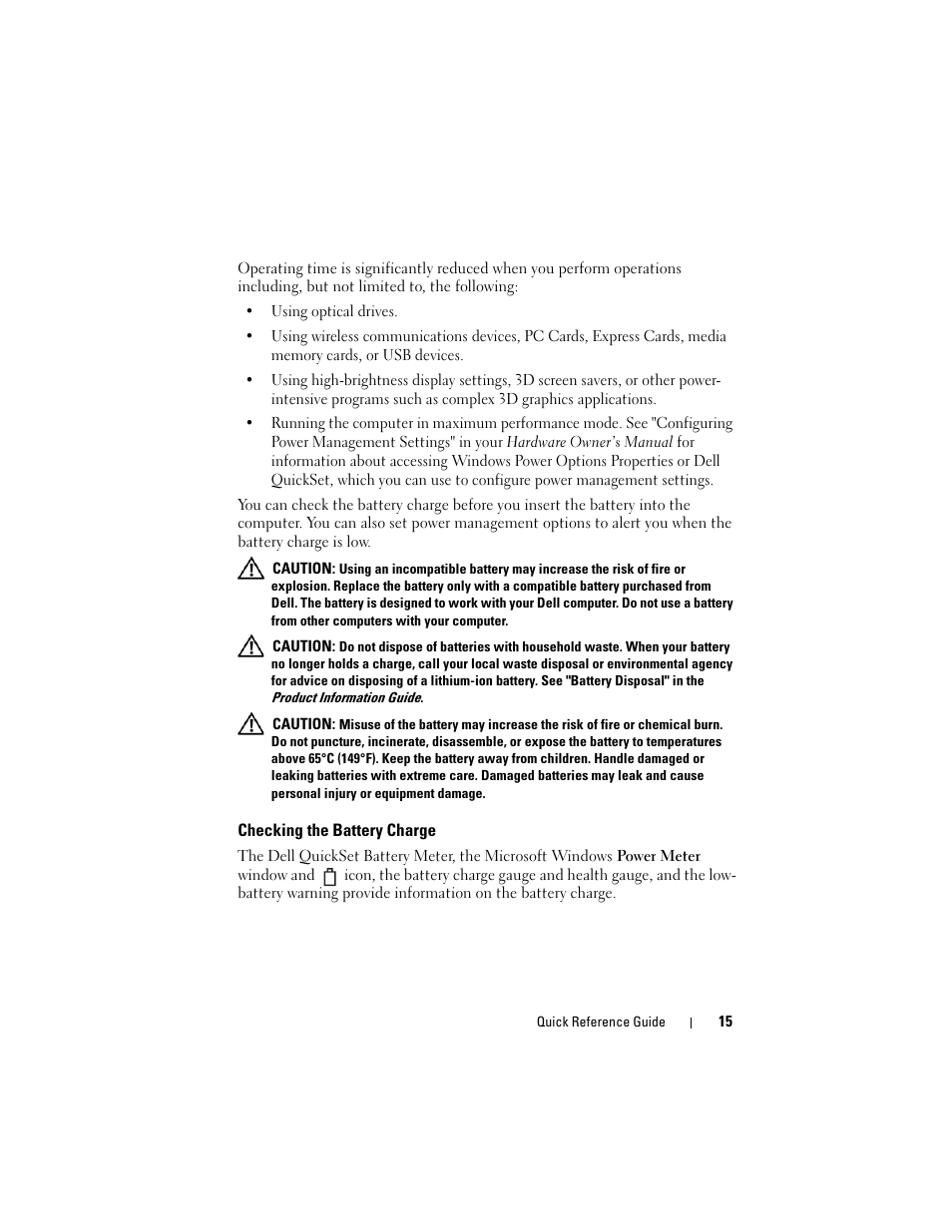 Checking the battery charge | Dell Precision M2300 (Late 2007) User Manual | Page 15 / 148