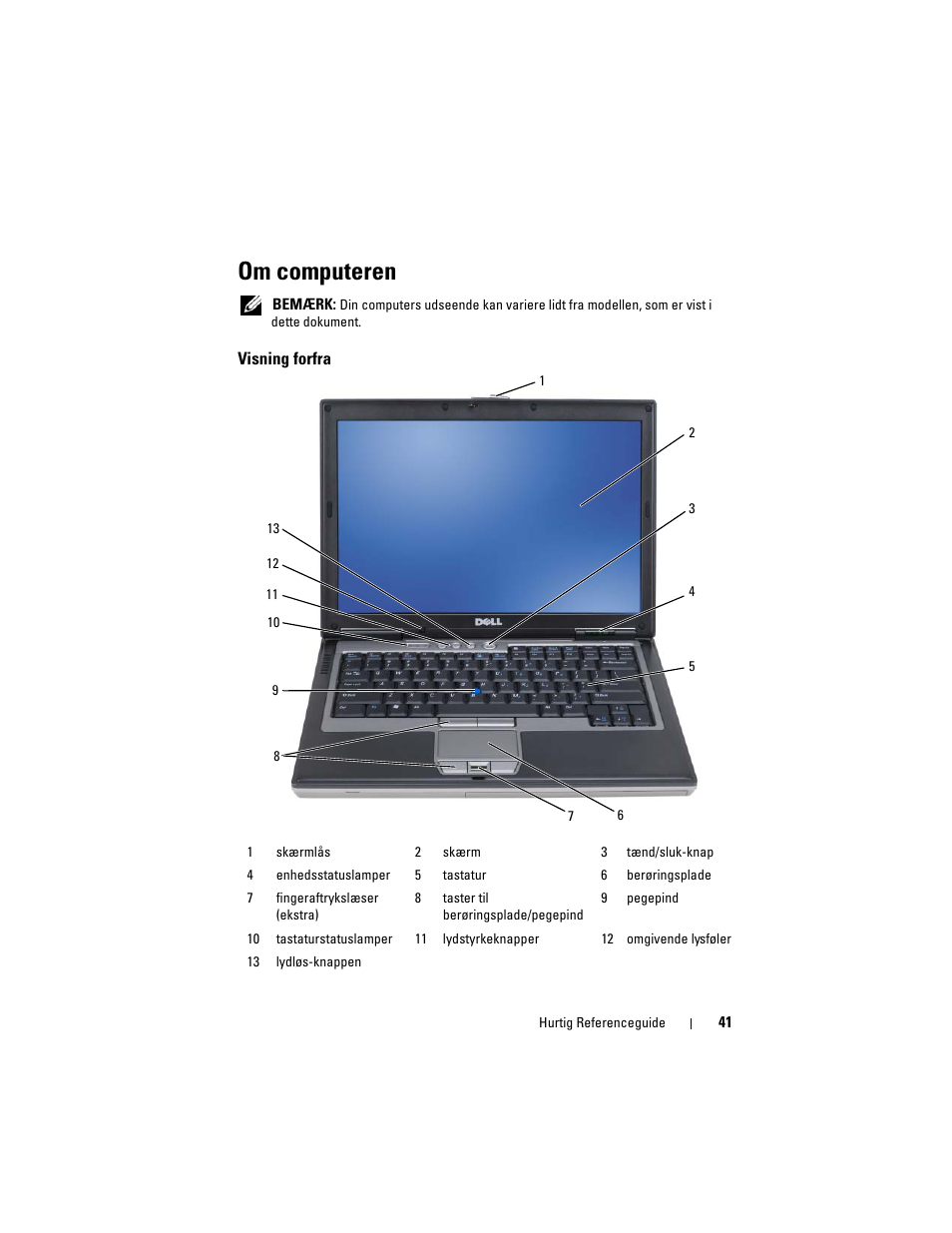 Om computeren, Visning forfra | Dell Precision M2300 (Late 2007) User Manual | Page 41 / 148