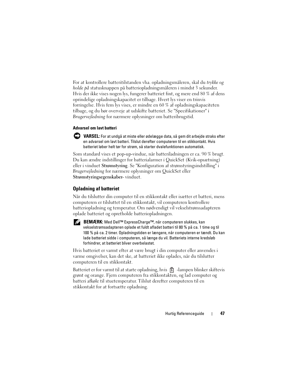 Opladning af batteriet | Dell Precision M2300 (Late 2007) User Manual | Page 47 / 148