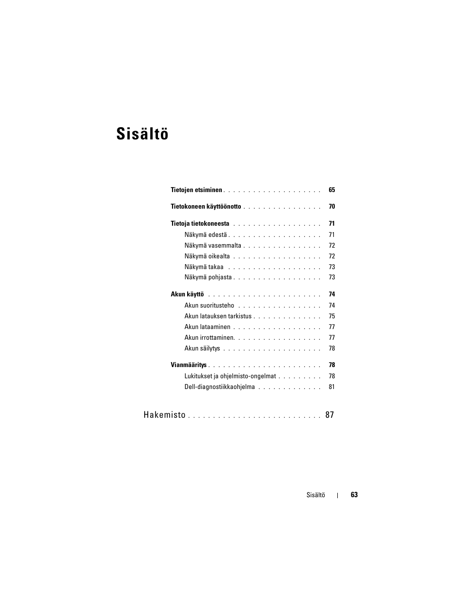 Sisältö, Hakemisto | Dell Precision M2300 (Late 2007) User Manual | Page 63 / 148