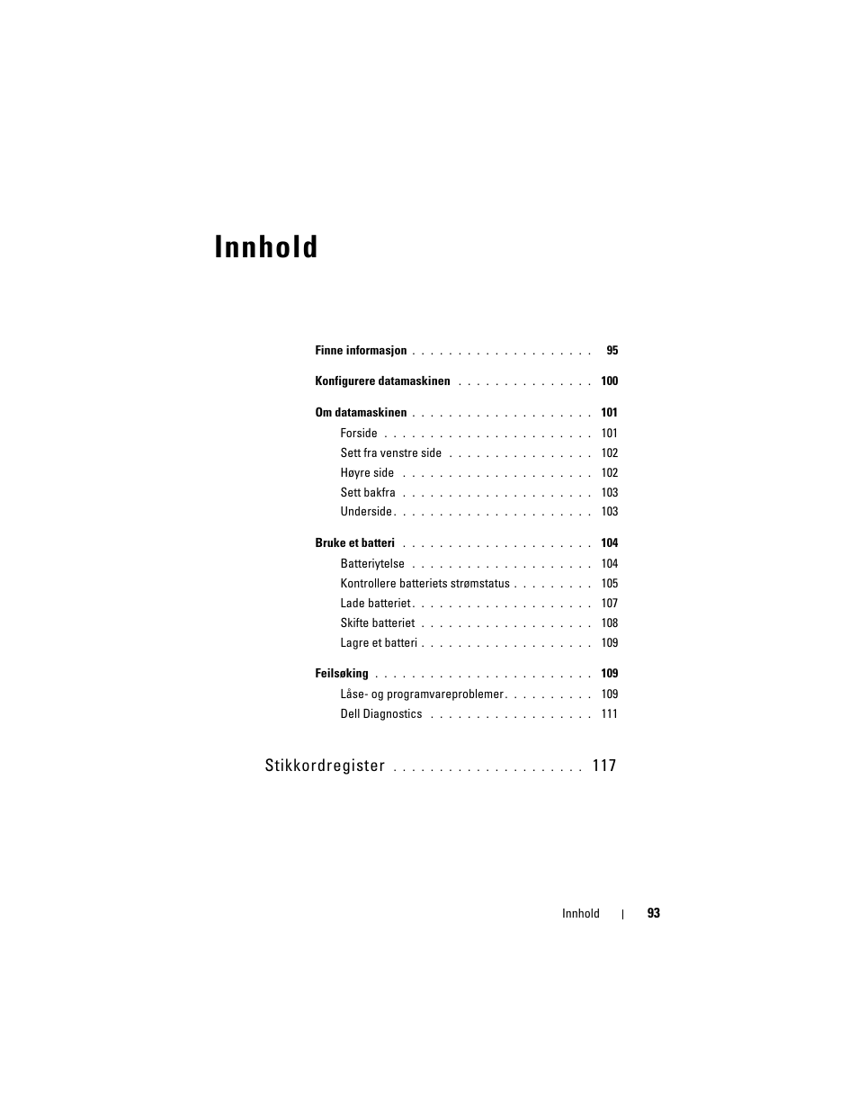 Innhold, Stikkordregister | Dell Precision M2300 (Late 2007) User Manual | Page 93 / 148