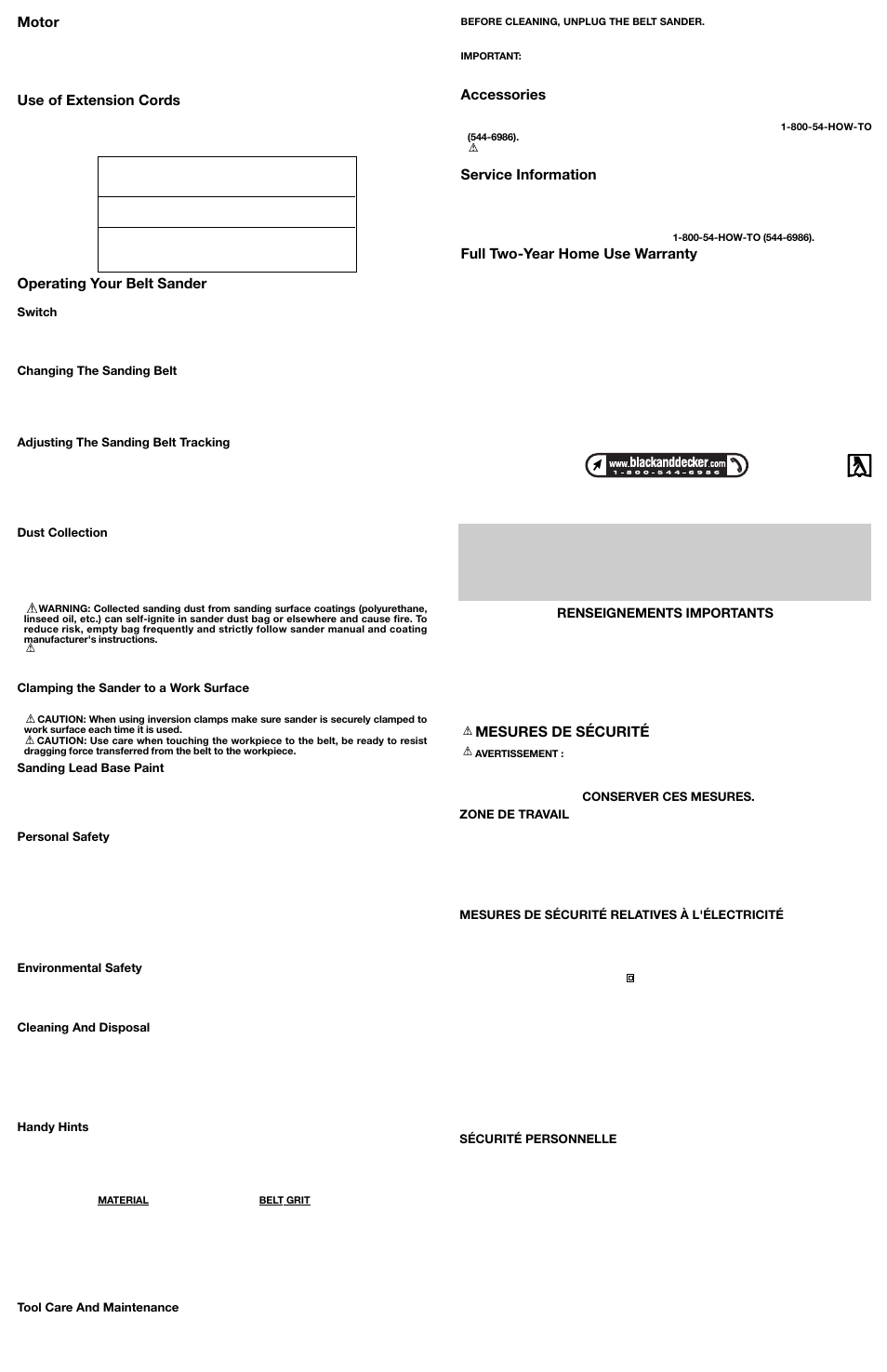 Mesures de sécurité, Accessories, Service information | Full two-year home use warranty, Motor, Use of extension cords, Operating your belt sander, Renseignements importants | Black & Decker 622392-00 User Manual | Page 2 / 5