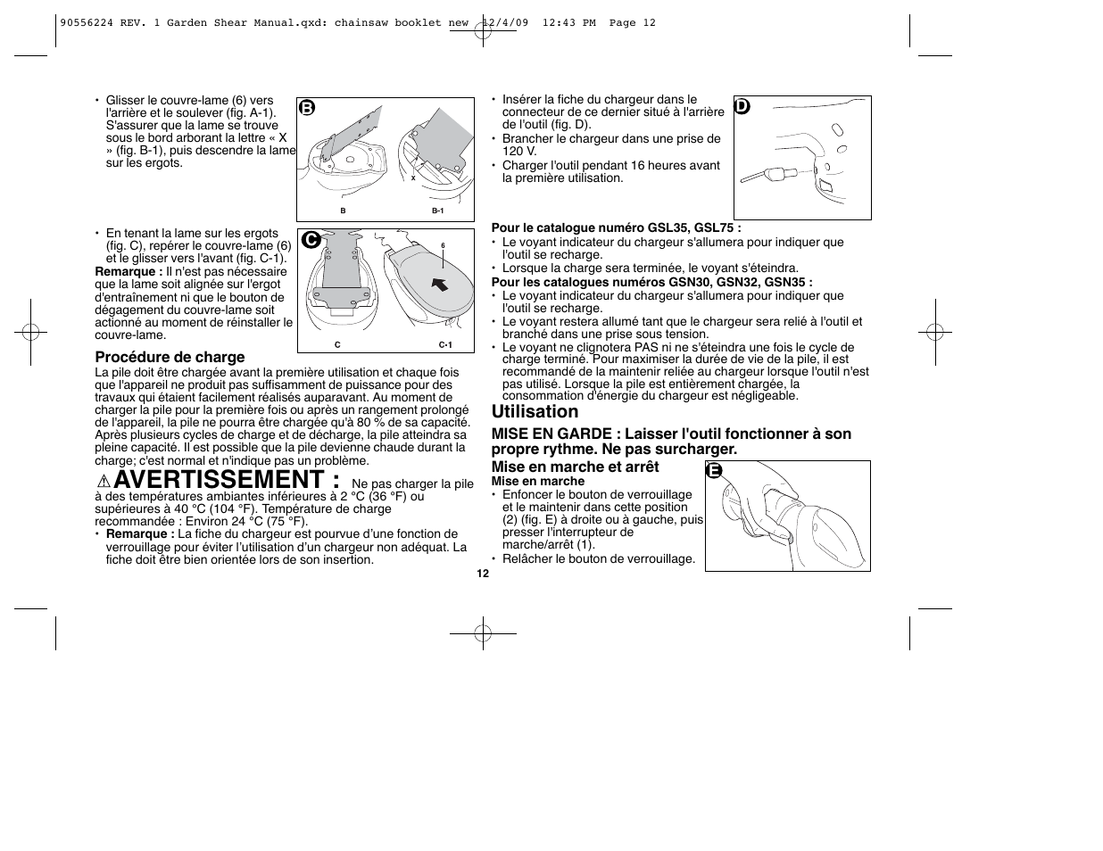 Avertissement, Utilisation | Black & Decker GSL35 User Manual | Page 12 / 28