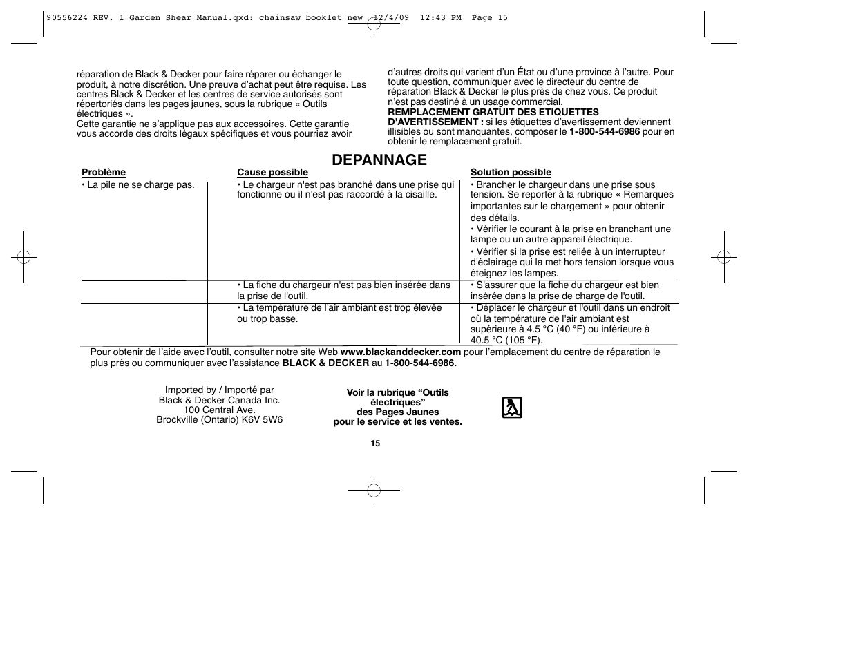 Depannage | Black & Decker GSL35 User Manual | Page 15 / 28