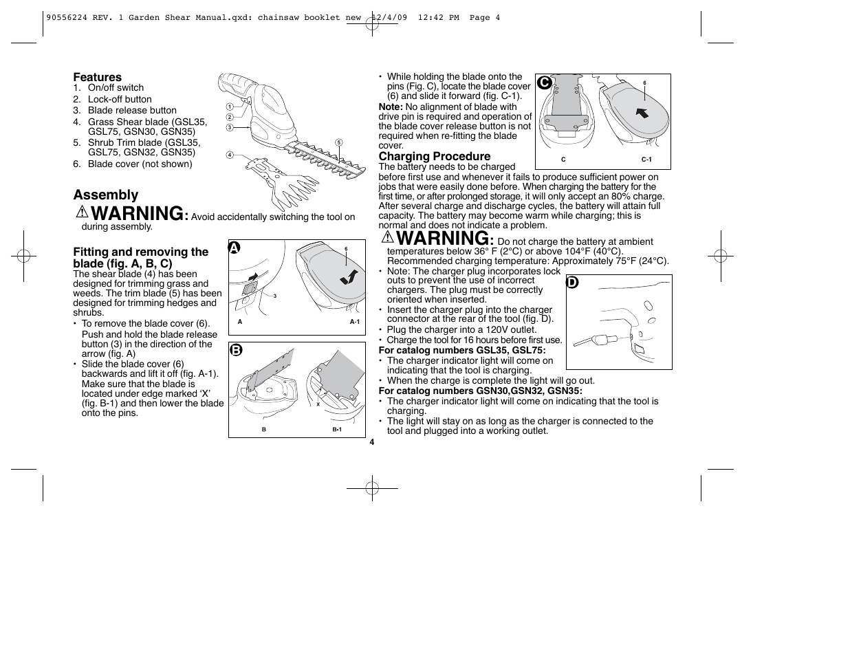 Warning, Assembly | Black & Decker GSL35 User Manual | Page 4 / 28