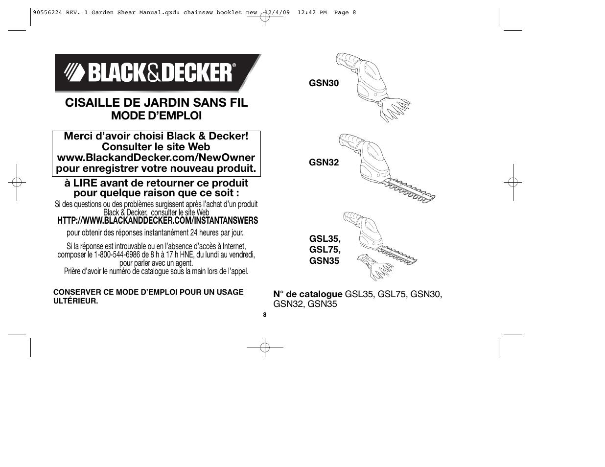 Cisaille de jardin sans fil, Mode d’emploi | Black & Decker GSL35 User Manual | Page 8 / 28