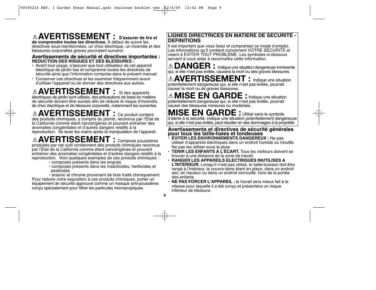 Danger, Avertissement, Mise en garde | Black & Decker GSL35 User Manual | Page 9 / 28