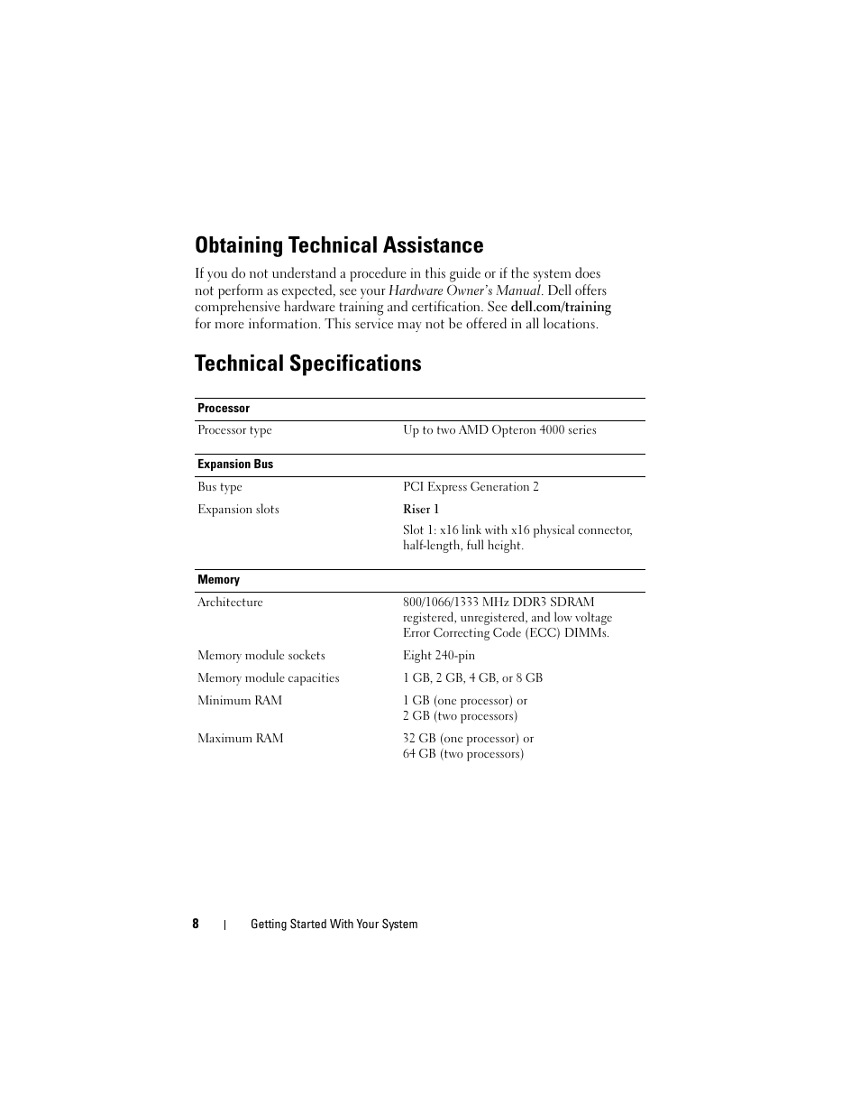 Obtaining technical assistance, Technical specifications | Dell PowerEdge R415 User Manual | Page 10 / 52